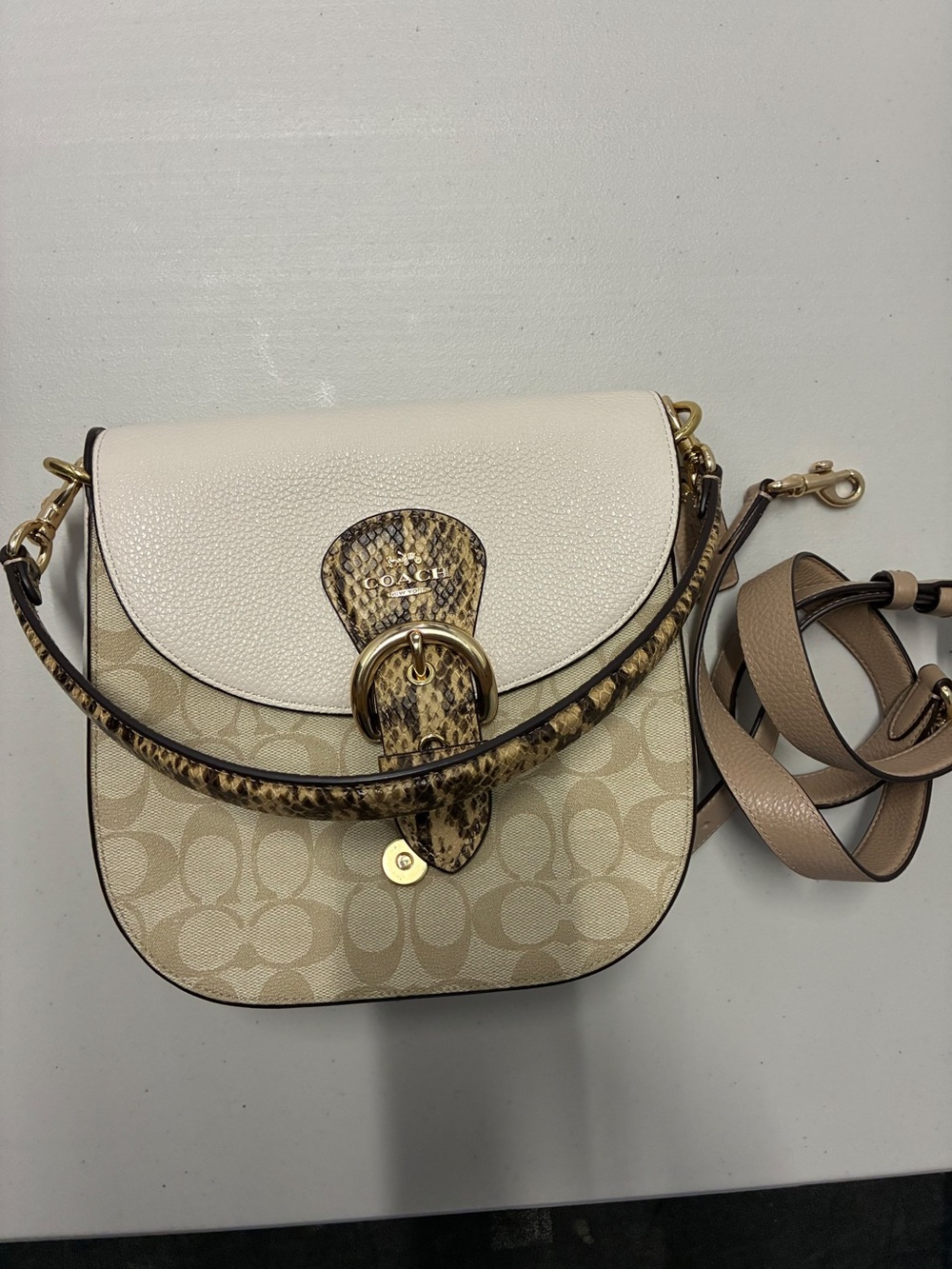 Coach Signature Canvas Crossbody with Cream Pebble Leather & Snake Trim